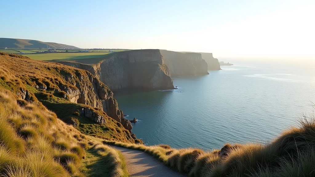 Scenic estuary walking path with coastal cliffs and water views