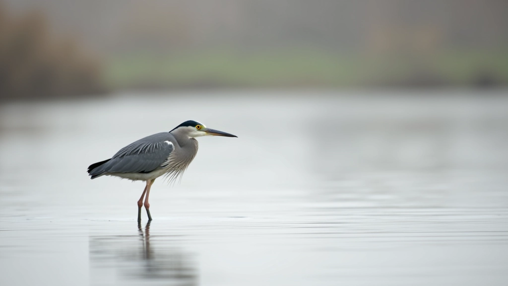 Gray heron standing in shallow water hunting for fish in early morning mist