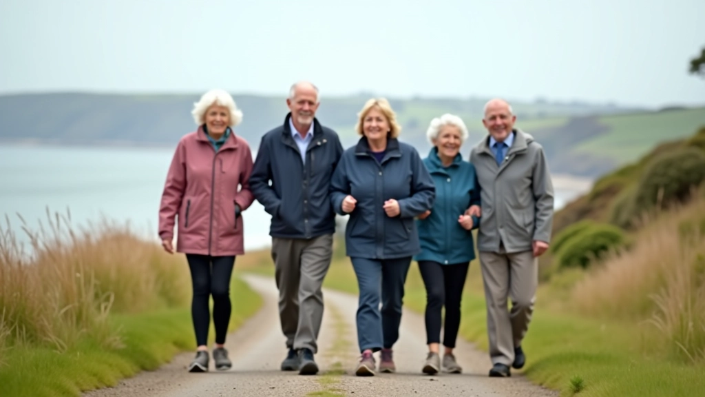 Retired walkers enjoying a guided coastal path experience with beautiful sea views