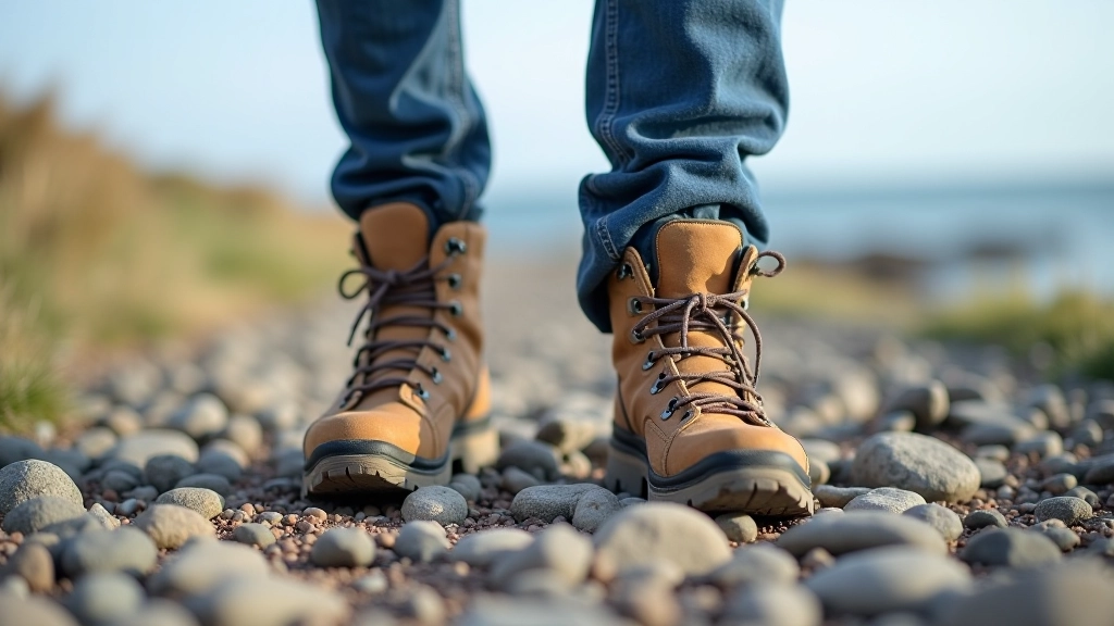 Close-up of proper hiking boots on rocky estuary path with water reflection visible