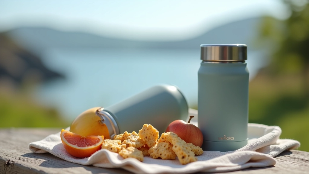 Insulated water bottle and snacks on a picnic cloth with estuary water and marsh grasses visible in background