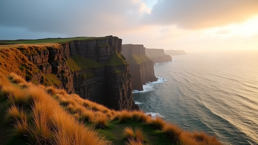 Dramatic coastal landscape showing Dunmore East cliffs in autumn with golden light, golden grasses, and moody Atlantic sky