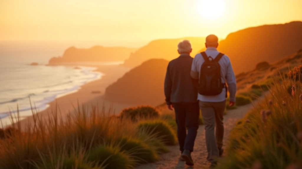 Mature couple in their 60s wearing proper hiking gear on a coastal path