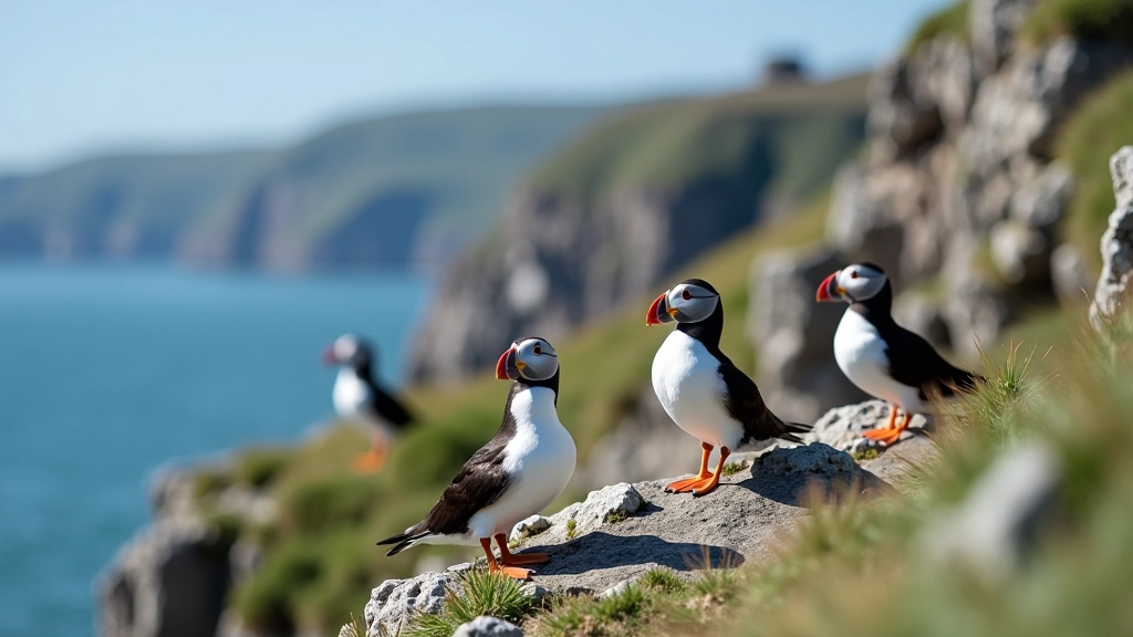 Close-up of seabirds on coastal cliffs - razorbills and guillemots nesting on rocky outcrops