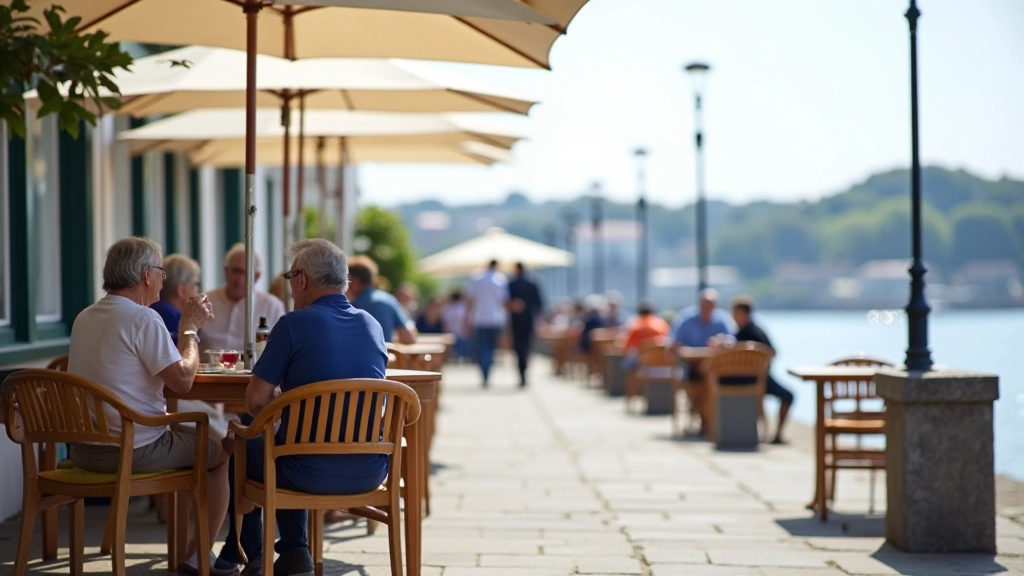 Outdoor café seating along Waterford waterfront with tables and chairs overlooking the harbour