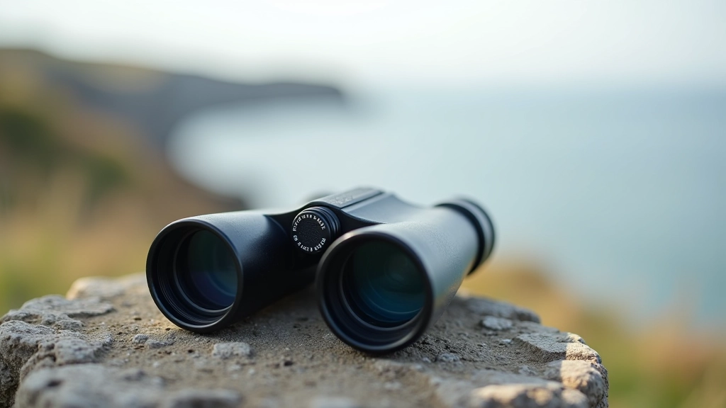 Pair of modern binoculars resting on natural stone surface with estuary landscape blurred in background