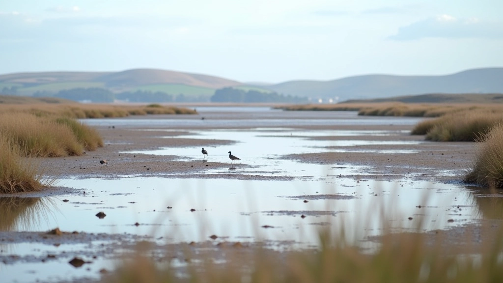 River Suir estuary showing mudflats, water birds, and natural wetland habitat with distant hills