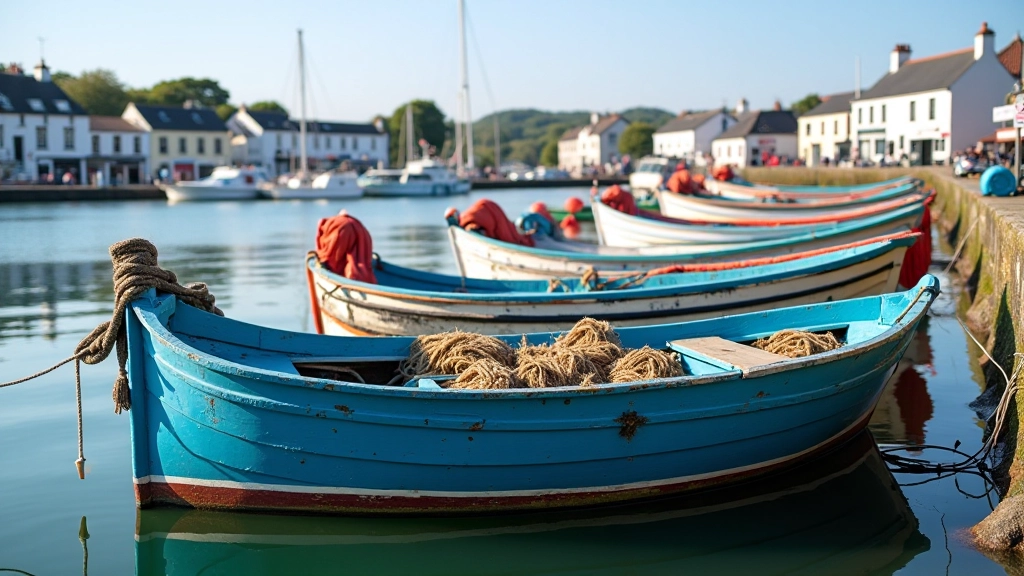 Traditional fishing boats moored in Waterford harbour with colourful hulls and nets visible