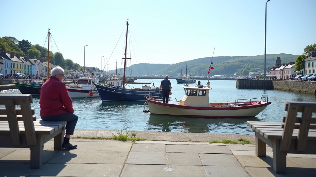 Waterford harbour with fishing boats and waterfront promenade