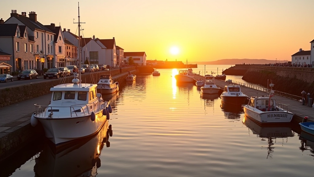 Tranquil Waterford harbour with traditional boats and waterfront scenery at dusk
