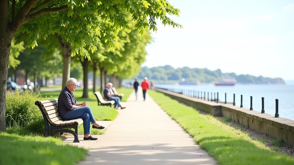 Waterfront park area with benches, green spaces, and people sitting peacefully overlooking the water