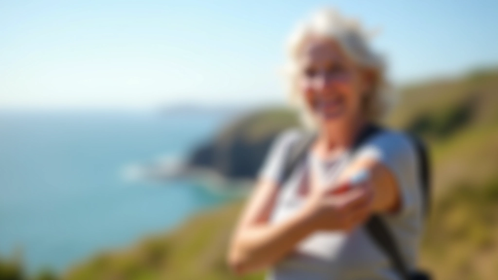 Woman applying sunscreen on her arm before an outdoor estuary walk, bright sunny conditions