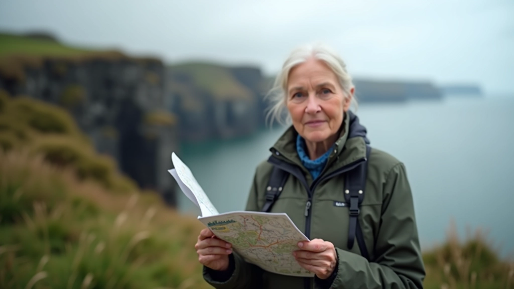 Mature woman hiker on coastal cliff path wearing proper walking gear, checking trail map, scenic water backdrop