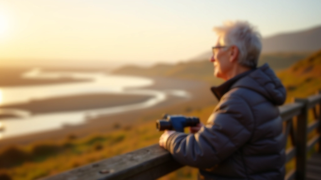 Wooden viewing platform overlooking mudflats with binoculars resting on railing during golden hour light